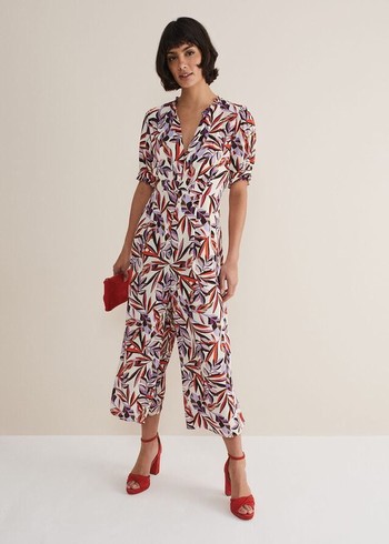 Phase Eight Astrid Leaf Print Cropped Wide Leg Jumpsuit White/Multicolor Australia | WX0429153